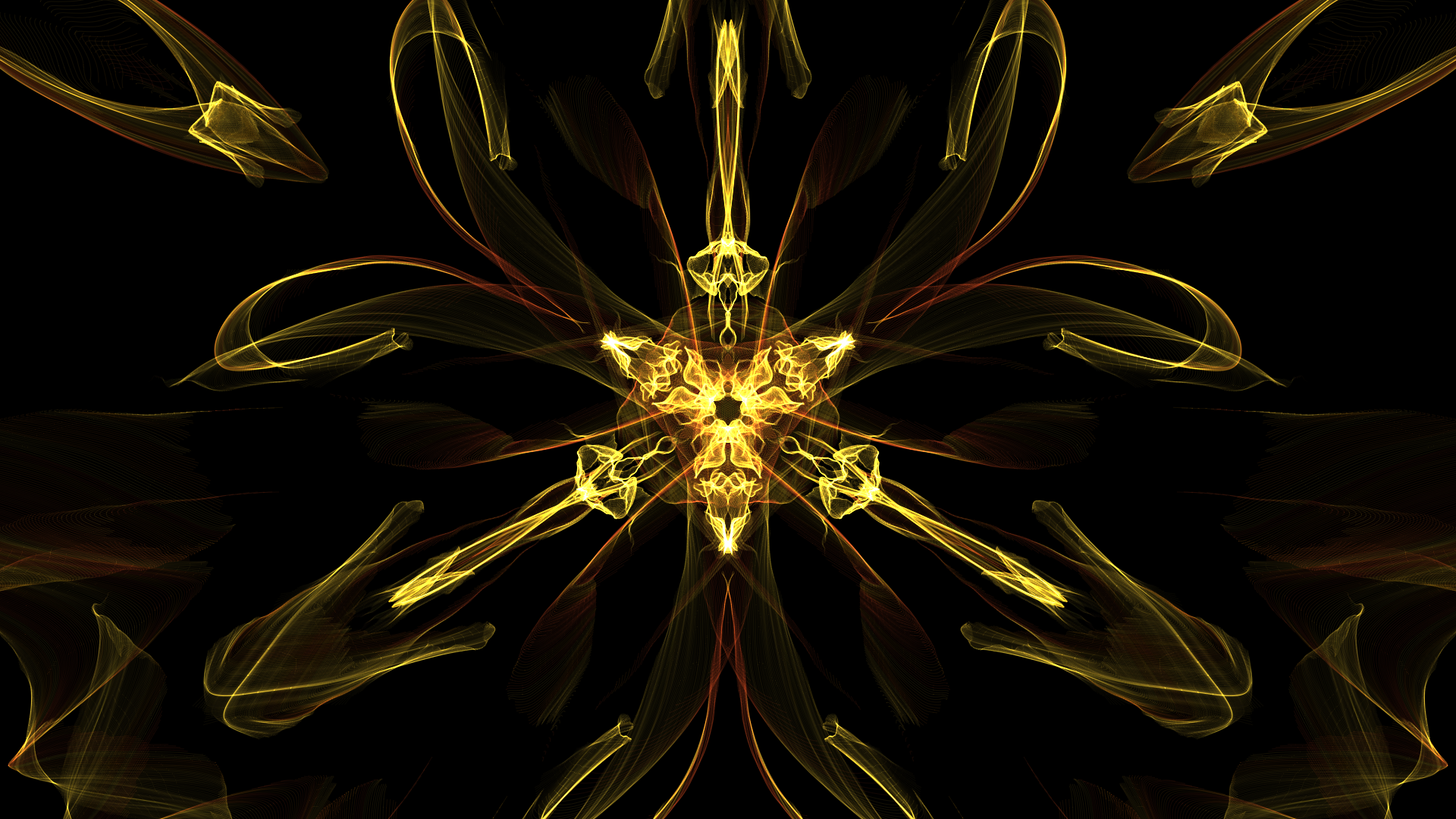 Yellow generative abstract pattern resembling a luminous floral starburst on black — HD PC desktop wallpaper/background.