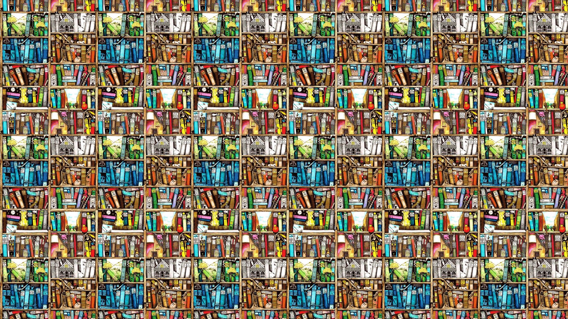 HD PC desktop wallpaper showcasing an artistic library bookshelf filled with colorful books arranged in a vibrant, detailed pattern.