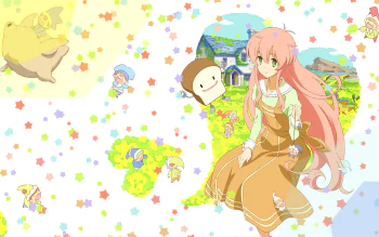 HD PC desktop wallpaper featuring Watashi from the anime Jinrui Wa Suitai Shimashita, surrounded by colorful stars and whimsical floating characters in a bright, playful scene.