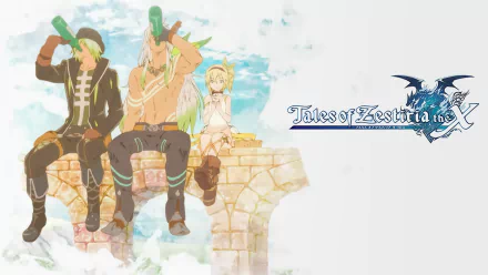 HD anime desktop wallpaper featuring Zaveid, Dezel, and Edna from Tales of Zestiria the X sitting on a stone ledge against a light, watercolor-style background.