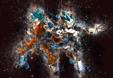 HD desktop wallpaper featuring Goku and Vegeta from Dragon Ball Super in dynamic, battle-ready stances with glowing energy auras.