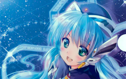 HD PC desktop wallpaper featuring Yumemi Hoshino from the anime Planetarian: The Reverie of a Little Planet, showcasing her bright blue hair and starry background.