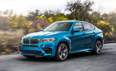 HD desktop wallpaper featuring a blue BMW X6 SUV driving on a road with blurred foliage in the background, showcasing the vehicle’s sporty and elegant design.