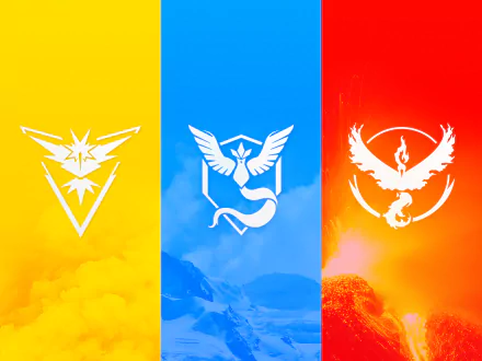HD desktop wallpaper featuring the logos of Team Mystic, Team Valor, and Team Instinct from Pokémon Go against vibrant backgrounds of blue, yellow, and red.