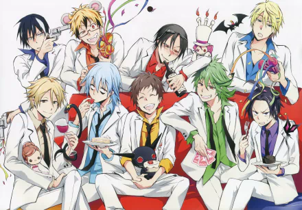 HD desktop wallpaper featuring characters Sakuya Watanuki, Tsubaki, Mahiru Shirota, Tetsu Sendagaya, Old Child, Misono Alicein, Licht Jekylland Todoroki, Lawless, Kuro, Doubt Doubt, and Snow Lily from the anime Servamp.