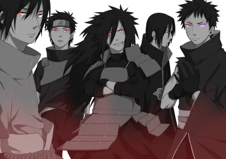 Monochrome HD wallpaper featuring anime characters in armor with long black hair and red eyes, tagged: Sasuke Uchiha, Shisui Uchiha, Obito Uchiha, Madara Uchiha, and Itachi Uchiha from Naruto.