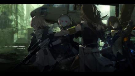 Four characters from Girls Frontline, including M4A1, M4 Sopmod II, AR15, and M16A1, are depicted in a post-apocalyptic setting with a helicopter in the background. One character wears an eye patch.