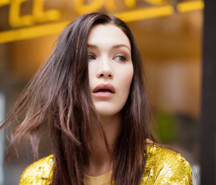 Close-up of brunette American model and celebrity Bella Hadid, captured in high detail for a 4K Ultra HD PC desktop wallpaper and background.