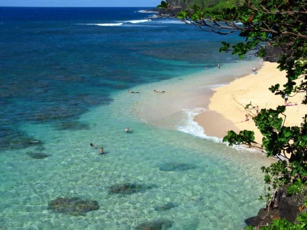 HD desktop wallpaper featuring a stunning beach landscape with crystal-clear water, sandy shores, and lush greenery. The image captures the serene beauty of nature.