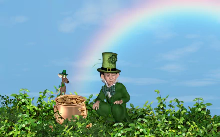 HD PC desktop wallpaper: St. Patrick's Day leprechaun by a pot of gold atop clover, rainbow overhead and a smaller leprechaun visible in the background.