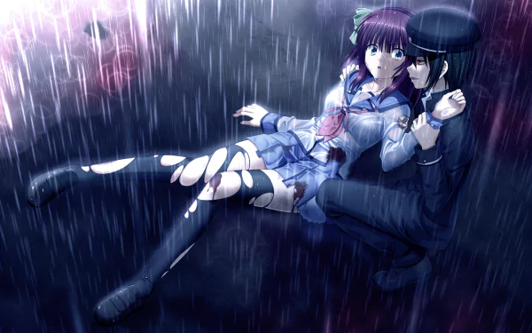 Ayato Naoi and Yuri Nakamura from the anime Angel Beats! are depicted in a dramatic scene, surrounded by rain, conveying emotion and depth in this HD desktop wallpaper.
