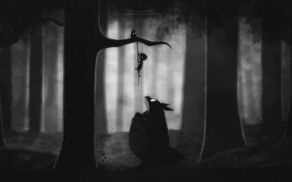 HD PC desktop wallpaper featuring a dark, atmospheric crossover between My Neighbor Totoro and Limbo video game, set in a shadowy, eerie forest scene.