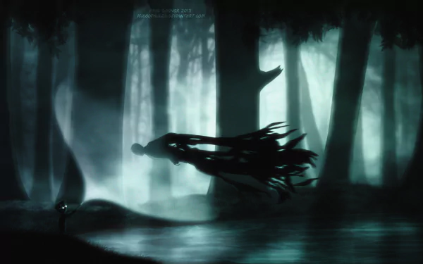 A dark, atmospheric HD wallpaper featuring a Dementor from Harry Potter, merging elements of the game Limbo with eerie forest surroundings and a haunting, mystical ambiance.