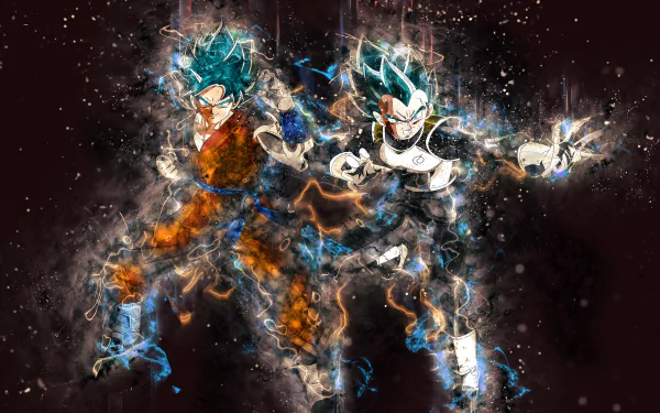 HD desktop wallpaper featuring Goku and Vegeta from Dragon Ball Super in dynamic, battle-ready stances with glowing energy auras.