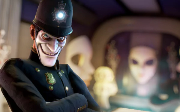 HD PC desktop wallpaper from the video game We Happy Few: sinister smiling policeman in dark uniform and bobby helmet, blurred masked figures behind him.