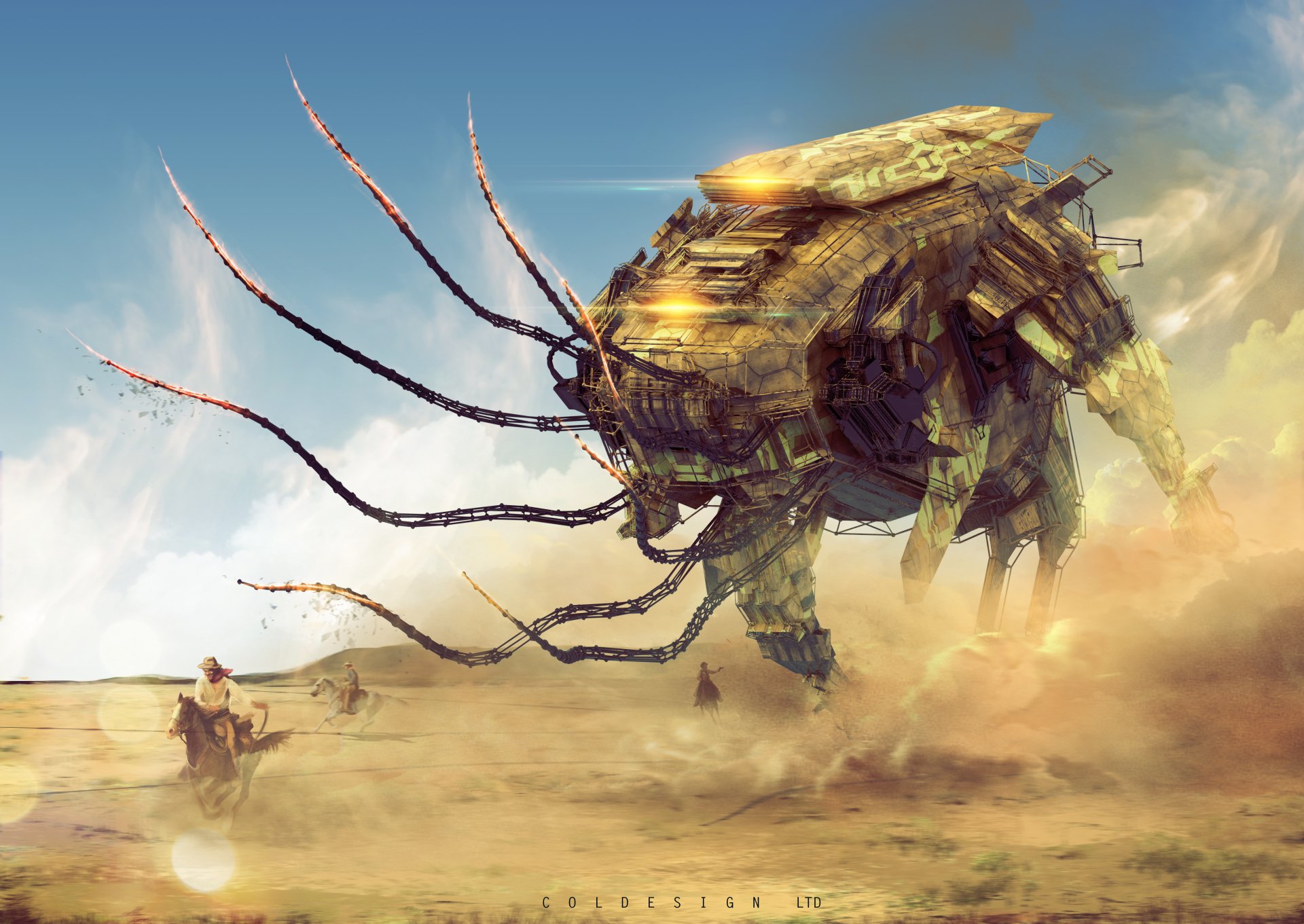 A futuristic scene featuring a cowboy in a sandy landscape, facing a towering robot with mechanical tentacles, set against a clear blue sky. A striking Sci-Fi HD wallpaper.