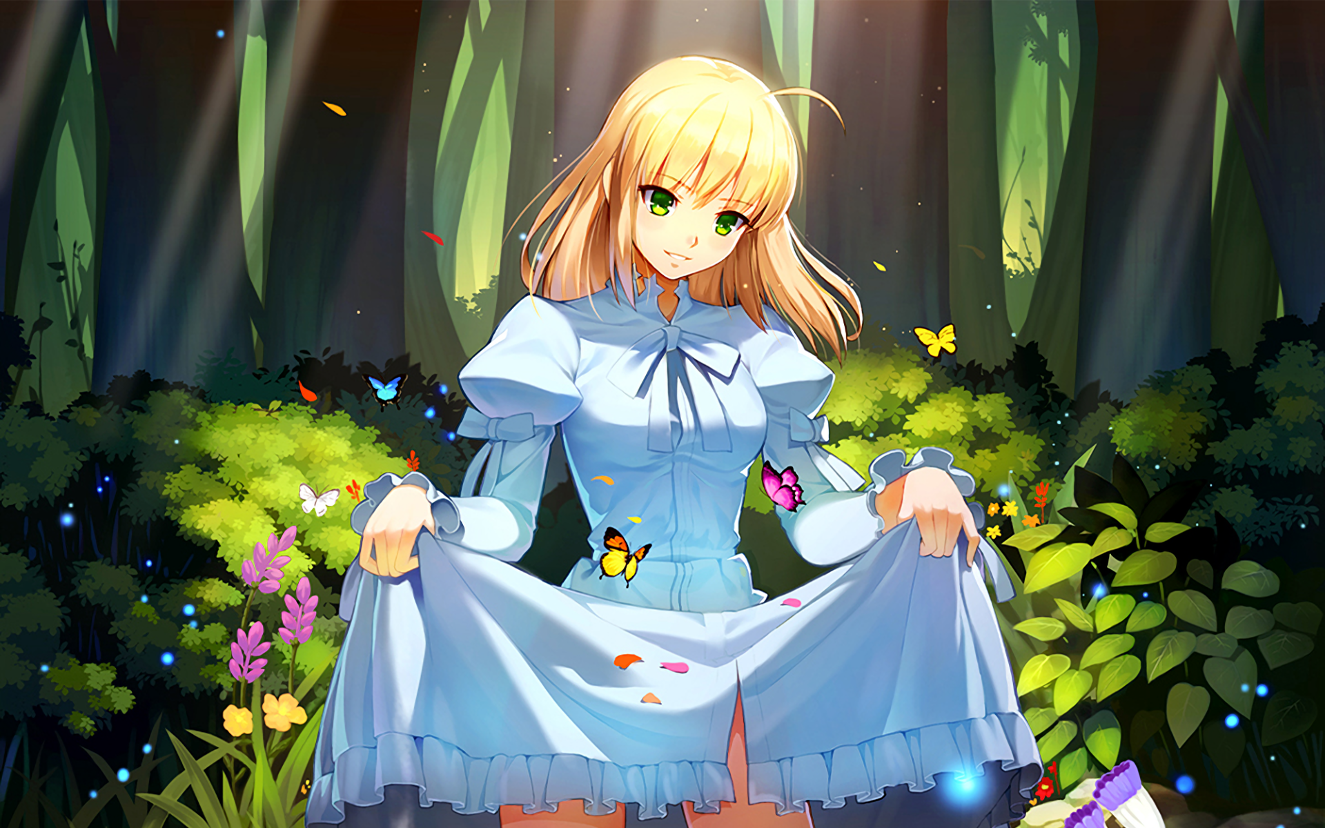 A vibrant HD wallpaper featuring Saber from the Fate Series, set in a lush forest with butterflies. She is dressed in a light blue outfit, surrounded by colorful flowers.