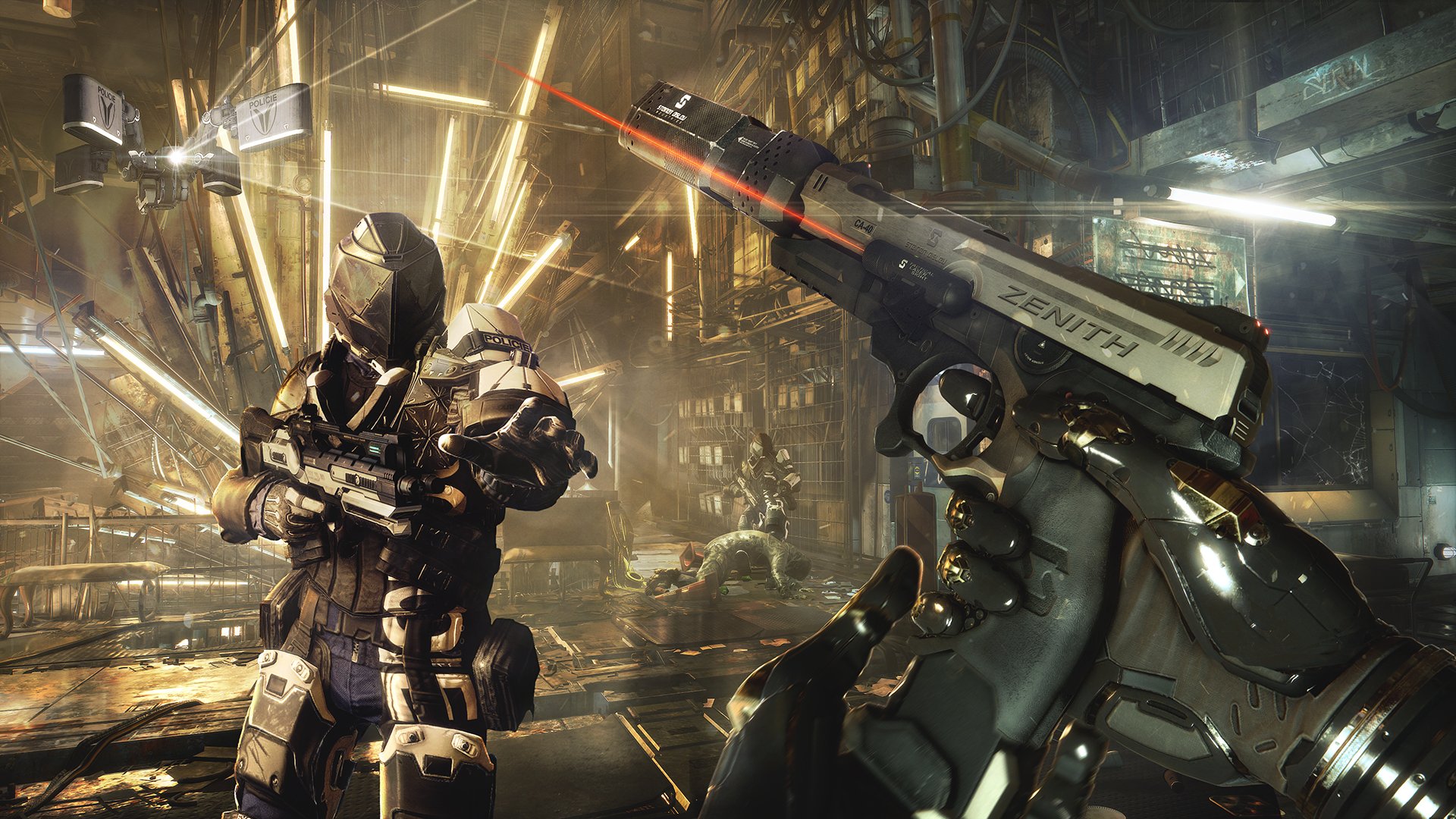 HD PC desktop wallpaper from the video game Deus Ex: Mankind Divided, featuring a futuristic combat scene with an armored figure and a high-tech handgun.