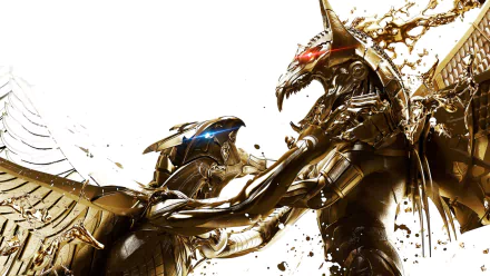 A dramatic scene from the movie Gods of Egypt, featuring two armored figures in a fierce clash, set against a striking white background, showcasing the film's epic fantasy elements.