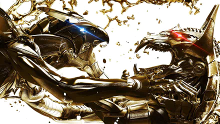 A dramatic scene from the movie Gods of Egypt, featuring two powerful beings clashing amid a splash of gold, serves as a striking HD desktop wallpaper.