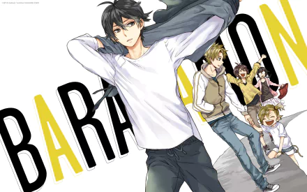 A vibrant HD wallpaper featuring characters Tamako Arai, Seishuu Handa, Naru Kotoishi, Miwa Yamamura, and Hiroshi Kido from the anime Barakamon, set against a bold background.