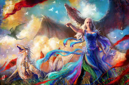 A vibrant HD wallpaper featuring Daenerys Targaryen from Game of Thrones, commanding dragons amidst a colorful, dramatic background filled with swirling fabrics and ethereal elements.