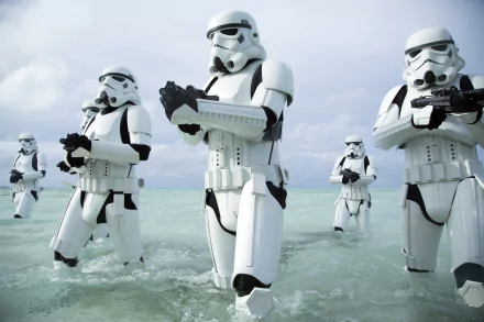 HD desktop wallpaper featuring Stormtroopers from Rogue One: A Star Wars Story wading through water under a cloudy sky.