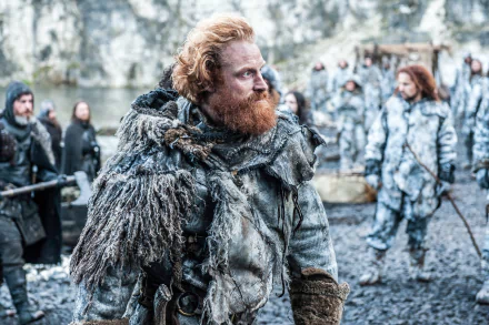 Tormund Giantsbane from Game of Thrones — bearded red-haired wildling in heavy furs on a rocky shore, 4K Ultra HD PC desktop wallpaper.