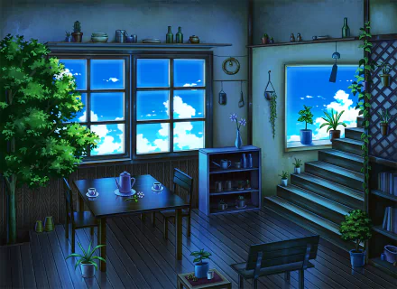 HD anime-style room featuring bright windows, lush plants, a cozy table setting, and wooden stairs, designed as a vibrant PC desktop wallpaper and background.