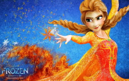 HD PC desktop wallpaper featuring Elsa from the movie Frozen, depicted with braided hair and fiery magic against a textured blue background.