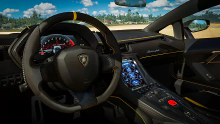 Interior view of a Lamborghini Centenario from the video game Forza Horizon 3, showcasing sleek design and advanced dashboard in vibrant HD.