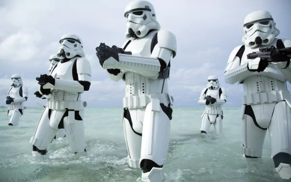 HD desktop wallpaper featuring Stormtroopers from Rogue One: A Star Wars Story wading through water under a cloudy sky.