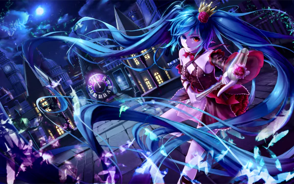 Vibrant HD wallpaper featuring Hatsune Miku from Project Diva, showcasing her in an enchanting urban landscape with a night sky and colorful butterflies, capturing the essence of Anime and Vocaloid.