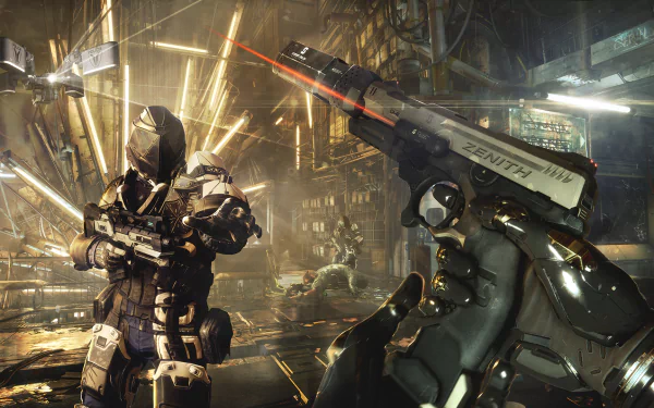 HD PC desktop wallpaper from the video game Deus Ex: Mankind Divided, featuring a futuristic combat scene with an armored figure and a high-tech handgun.