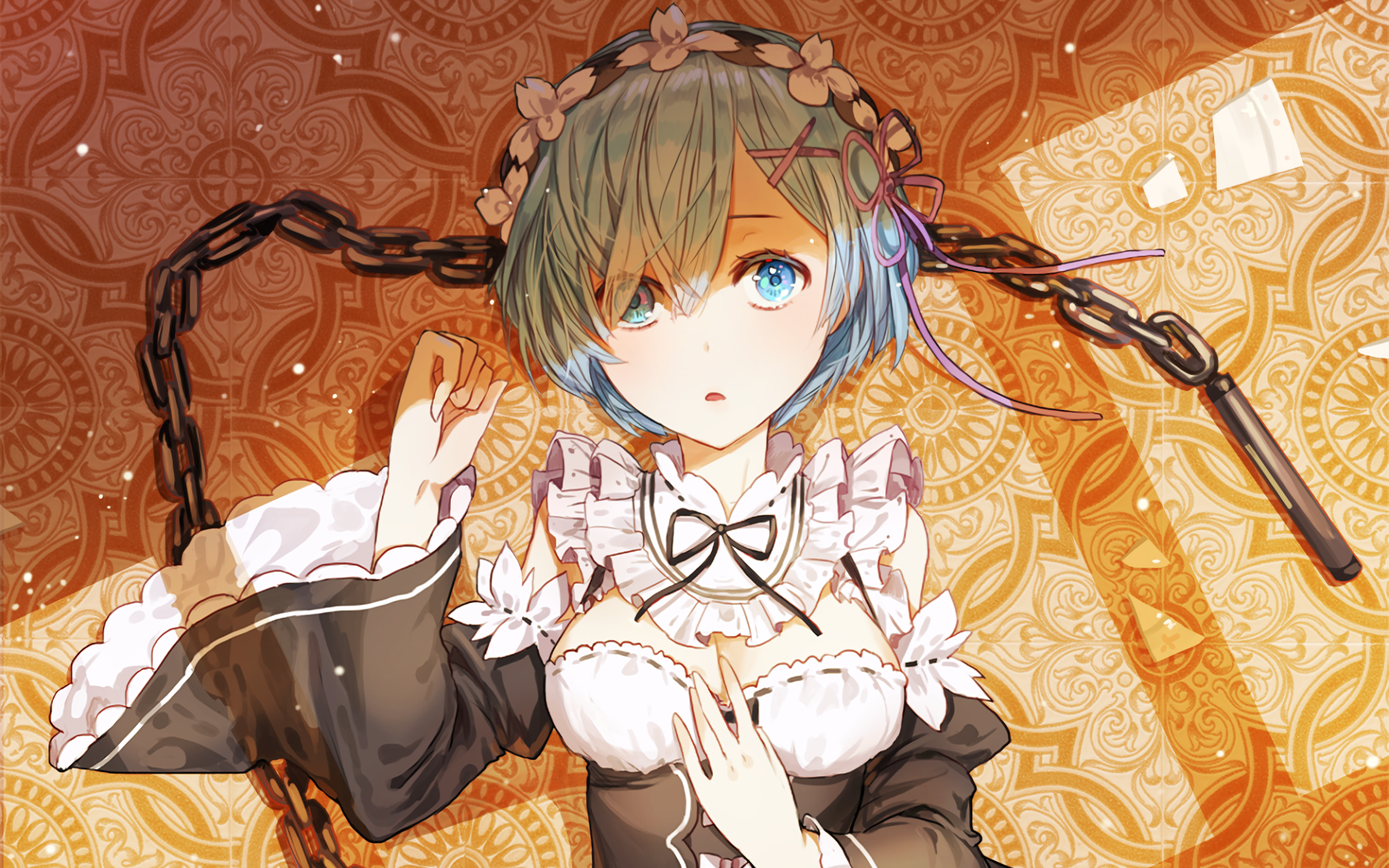 HD wallpaper featuring Rem from Re:ZERO - Starting Life in Another World, showcasing her in a charming pose against an intricate background.