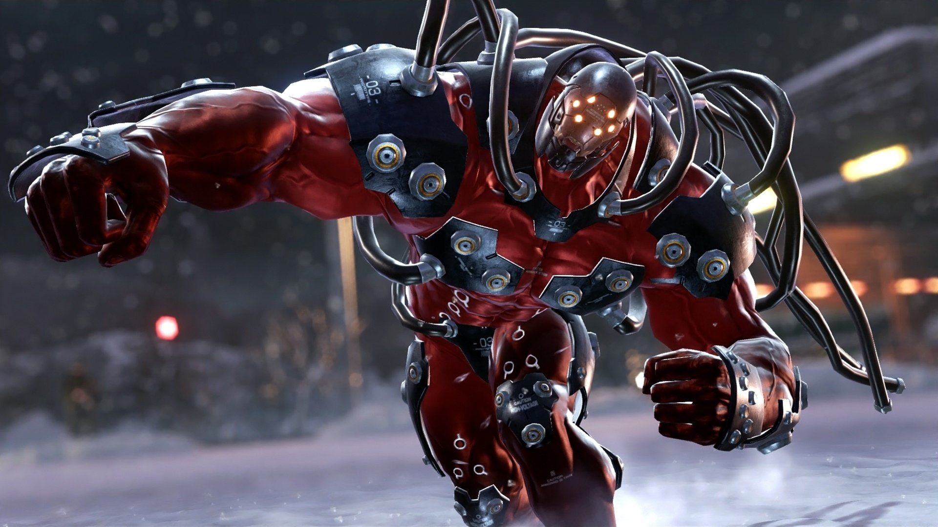 HD PC desktop wallpaper featuring a powerful cybernetic fighter from the Tekken 7 video game, showcasing detailed armor and dynamic action in a snowy environment.