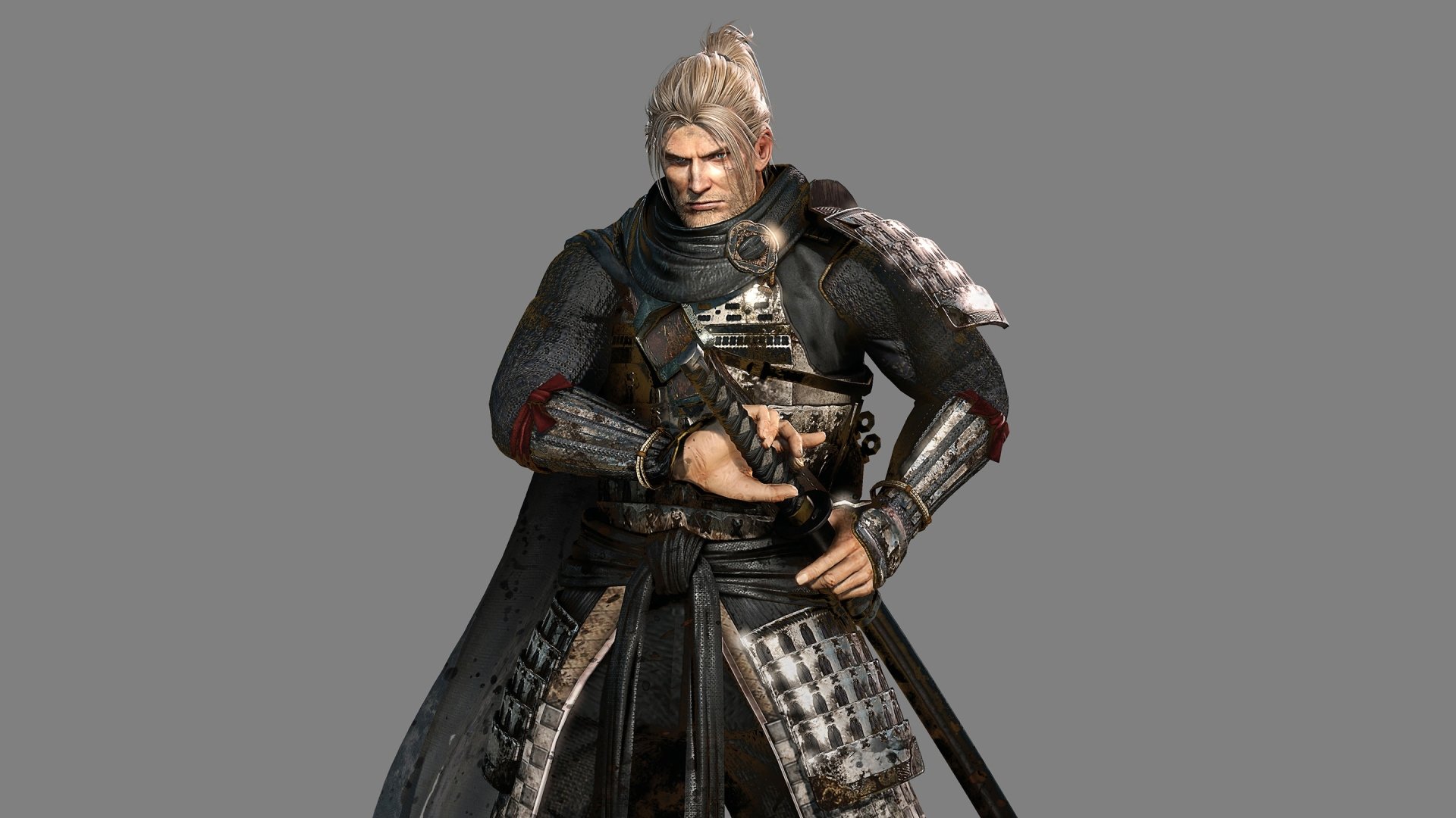 HD PC desktop wallpaper featuring a detailed character from the video game Nioh, dressed in samurai armor with a confident pose against a gray background.