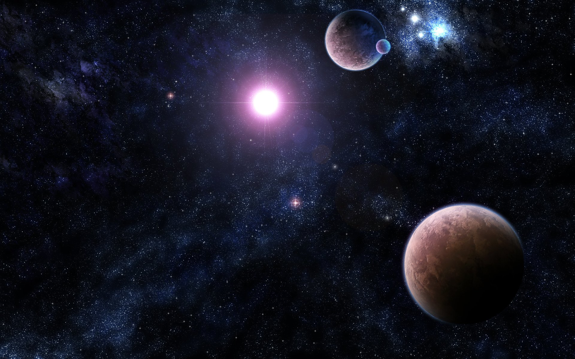 A stunning HD desktop wallpaper featuring a sci-fi scene of distant planets and a bright star, set against a captivating cosmic backdrop of stars and galaxies.