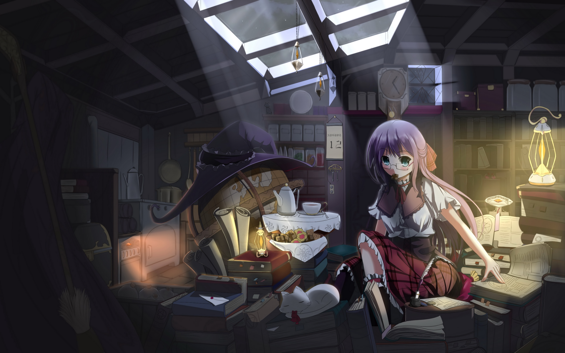 A captivating anime scene features a character with lavender hair sitting in a dimly lit room filled with books and curiosities, creating an enchanting HD desktop wallpaper.