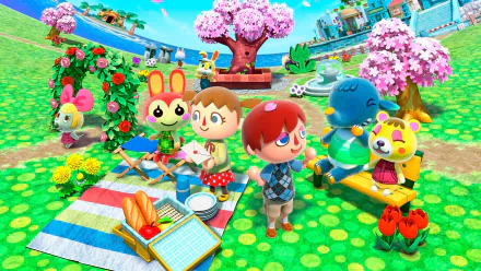 HD PC desktop wallpaper from the video game Animal Crossing: New Leaf, featuring colorful characters enjoying a sunny park with cherry blossoms and picnic scenes.