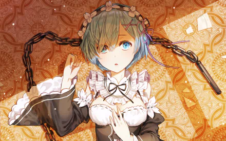 HD wallpaper featuring Rem from Re:ZERO - Starting Life in Another World, showcasing her in a charming pose against an intricate background.