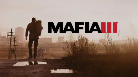 A character stands on a desolate road, silhouetted against a city skyline at sunset, with the bold title Mafia III overlaying the scene. An HD wallpaper for fans of the game.