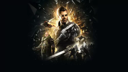 High-quality 4K Ultra HD wallpaper featuring characters Ivan Berk, Victor Marchenko, and Adam Jensen from the video game Deus Ex: Mankind Divided against a dramatic backdrop.