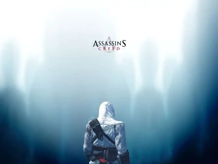 A sleek HD desktop wallpaper featuring a cloaked figure from the Assassin's Creed video game, set against a misty blue background with ethereal shadows.