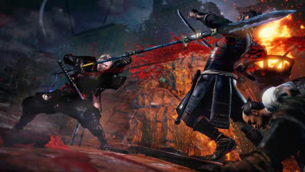 HD PC desktop wallpaper from the video game Nioh, showing an intense samurai battle with dynamic sword strikes and dramatic blood effects.