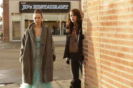HD PC desktop wallpaper featuring Dominique Provost-Chalkley and Melanie Scrofano as Waverly Earp in the TV show Wynonna Earp, standing outdoors near a brick wall.