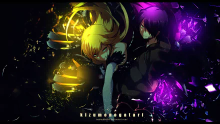 HD desktop wallpaper featuring Koyomi Araragi and Kiss-shot Acerola-orion Heart-under-blade from Kizumonogatari, with striking visuals of black and blonde hair, yellow eyes, and vibrant colors from the Monogatari series.