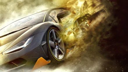 Dynamic HD wallpaper featuring high-speed action from Forza Horizon 3, showcasing powerful cars racing through a dramatic, smoky landscape.