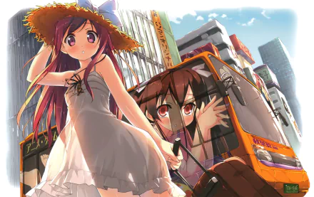 Anime HD desktop wallpaper featuring Kurumi from 5 Nenme no Houkago with purple eyes and long brown hair wearing a hat and dress, set against a vibrant anime city background.