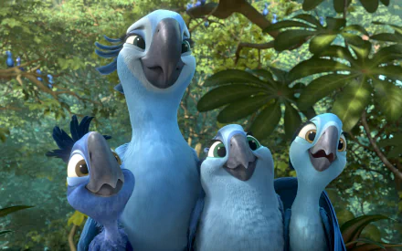 2K Quad HD PC desktop wallpaper from the movie Rio 2 showing Jewel, Tiago, Bia and Carla smiling together amid a lush rainforest.